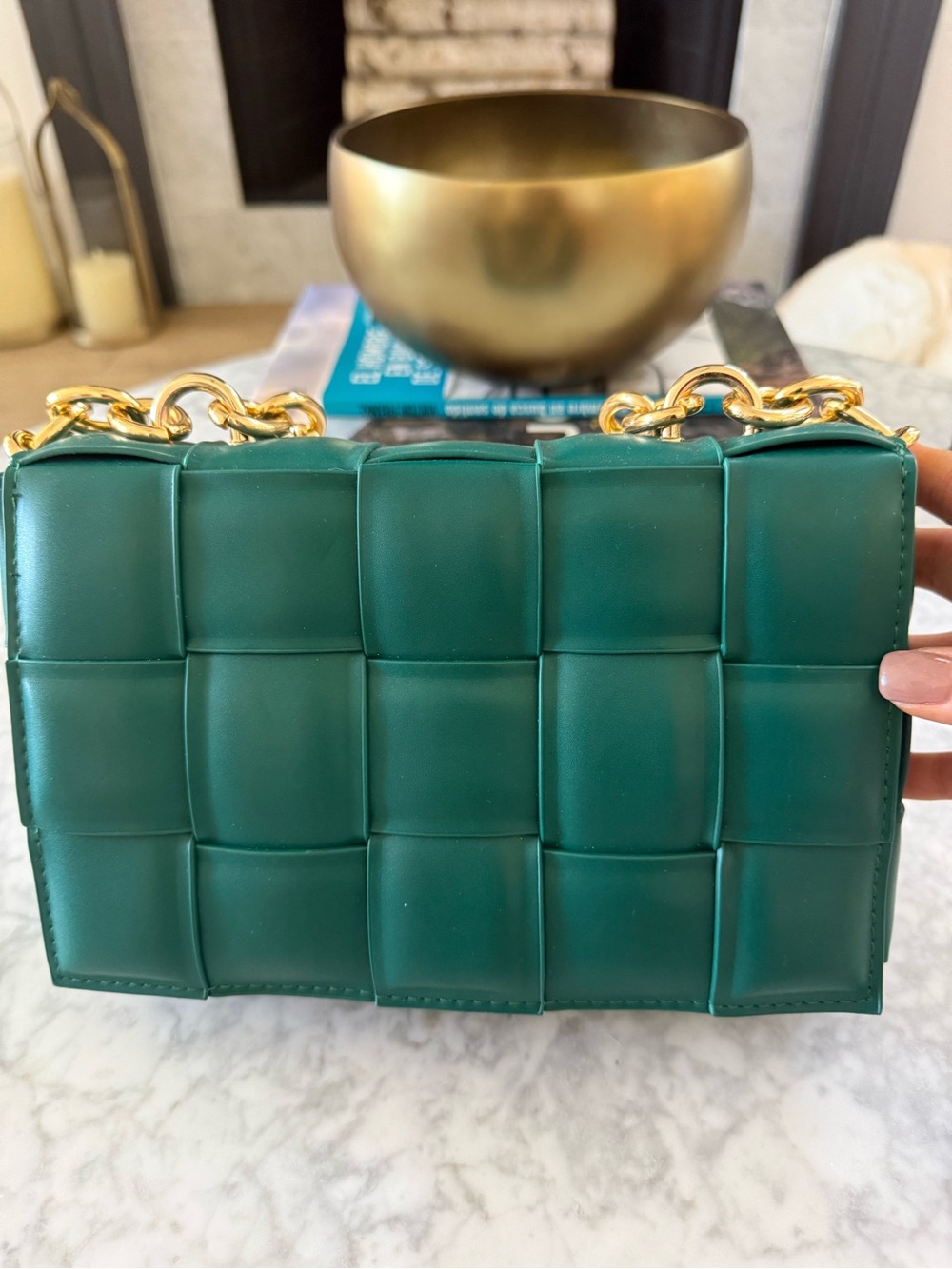 Green Quilted Faux Leather Shoulder Bag with Gold Chain